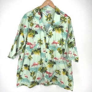 Vintage Pacific Legend Mens Hawaiian Shirt Flamingo Palm Tree Button 4XL Blue